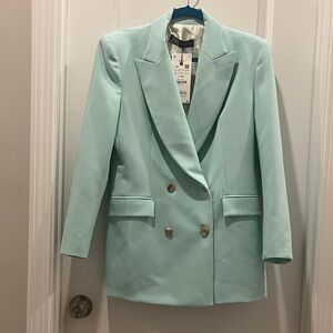 Zara Double-Breasted Light Mint Blazer with Gold Buttons